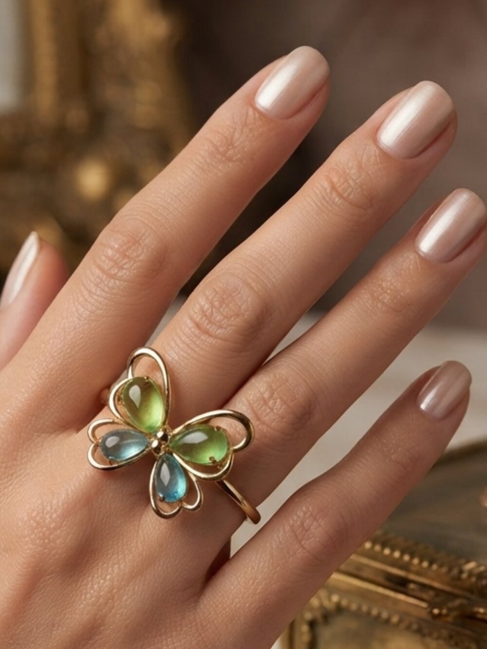 Gold Plated Colorful Butterfly Adjustable Ring Green Blue Stones Statement Jewel